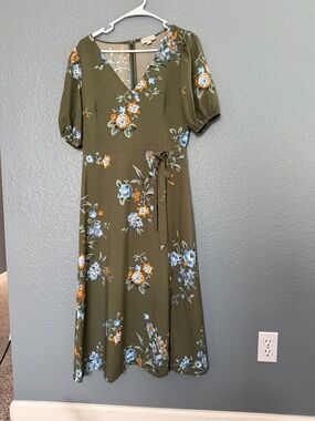 LOFT Olive Floral Wrap Midi Dress with Blue and Orange Blooms